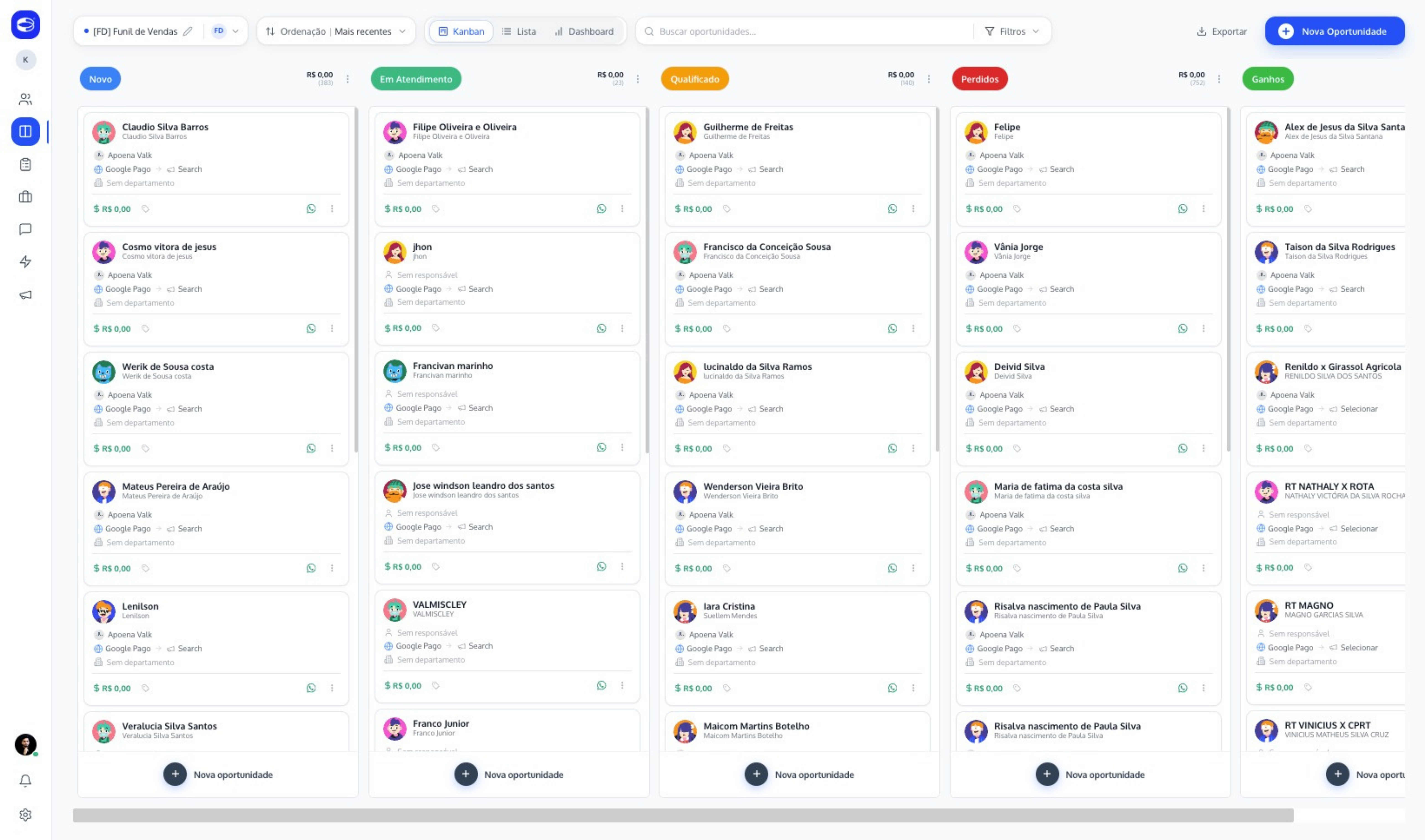 Funil de vendas do CRM Linqer em formato kanban